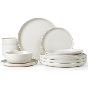 Famiware Milkyway Plates and Bowls Sets, 12 Pieces Dinnerware Sets, Reactive Glaze Dish Set, Stoneware Dishes Set for 4, Matte Beige White