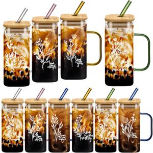 10 Pcs Valentine Inspirational Glass Cups Bulk 13.5oz Thank You Gifts for Women Motivational Glass Tumbler with Handle Straw Employee Appreciation Cup for Staff Coworker Office (Women Style)