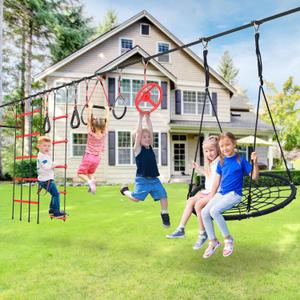 Hapfan 50 ft Ninja Warrior Obstacle Course for Kids with Tree Swing, Portable Slackline Swing Set with Weather-Proof Obstacles, Tree Jungle Gym Outdoor Playset for Backyard Outside