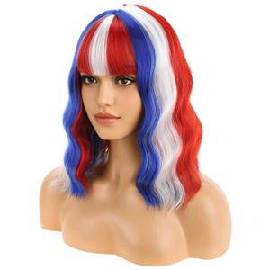 BERON 4th of July Flag Wig 14 Inches Red White Blue Wigs with Bangs Short Curly Wig Flag Wigs Red White Blue Curly Wigs for Women Daily Party or Cosplay Hairnet Include