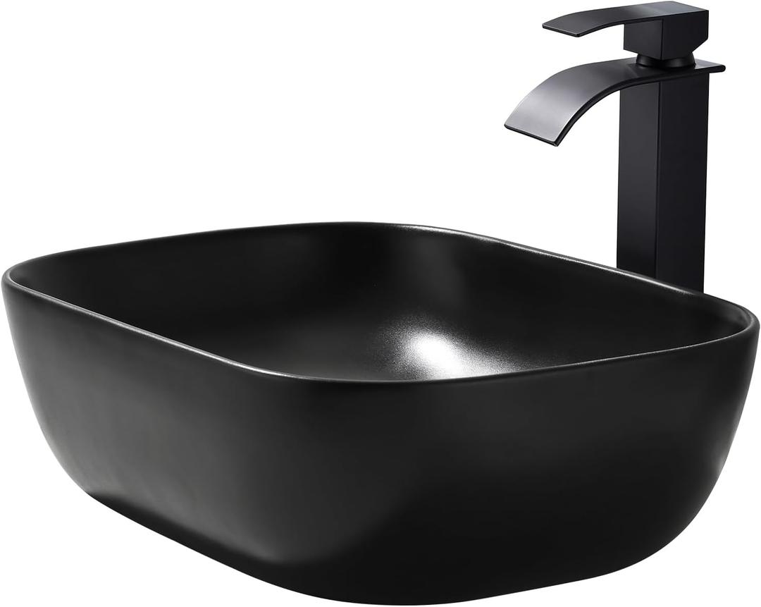 BoomHoze Black Vessel Sink Rectangle, 18"x13" Above Counter Porcelain Ceramic Bathroom Vessel Sink With Faucet and Drain Combo