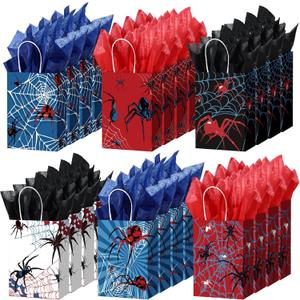 Epakh 24 Pcs Spider Gift Bags Medium Size with Tissue Paper Red Black Blue Wrapping Paper Gift Bags with Handles for Boys Men Birthday Holiday Presents