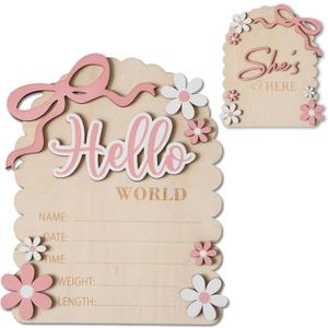 Baby Announcement Sign, Hello World Newborn Sign for Hospital, Shes Here Card, Baby Announcements Ideas, Newborn Photography Props Double-Sided (HW3)