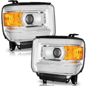 Headlights Assembly for 2014-2018 GMC Sierra 1500 Base / 2015-2019 GMC Sierra 2500HD / 2015-2019 GMC Sierra 3500HD Replacement Pair Set Chrome Housing NOT for factory LED models (Clear Lens I Chrome Housing I Amber Reflector)