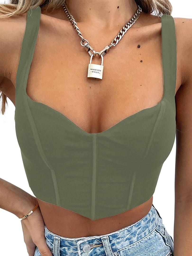 Women Y2k Corsets Square V Neck Double Lined Crop Tank Top Sexy Dance Tops (Large, 01-dark Green)