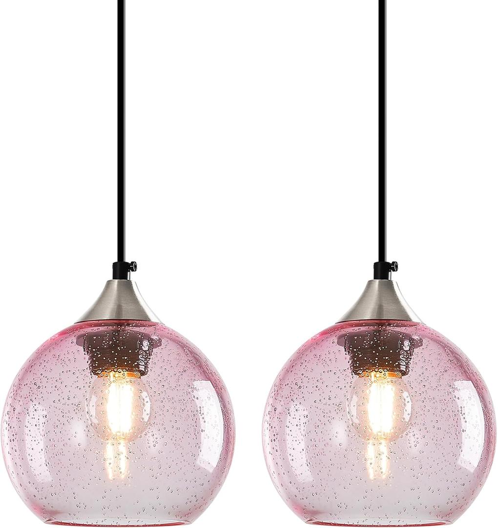 Pink Glass Pendant Lights Kitchen Island Globe Pendant Light Fixtures Modern Pendant Lighting for Bedroom Living Dining Room Light Fixture (5.9 in, 2 Pack)