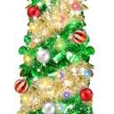 5 Ft Pop Up Christmas Tree Tinsel Dual Color Change Timer 4 Modes DIY 60 Warm White & Colored Lights 15 Christmas Ball Ornament 3D Star Battery Operated Pencil Xmas Slim Tree Home Indoor Holiday Decor