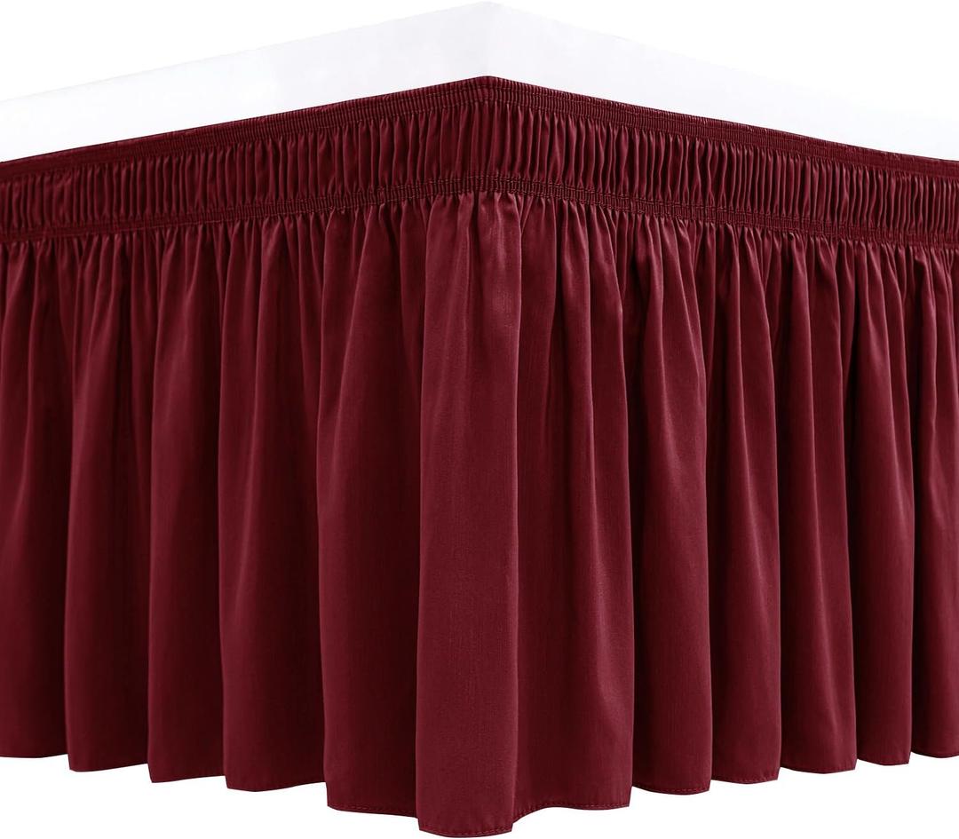 Biscaynebay Wrap Around Bed Skirts for King & Cal King Beds Short Drop of 12", Burgundy Adjustable Elastic Dust Ruffles Easy Fit Wrinkle Resistant Silky Luxurious Fabric Machine Washable