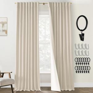 Floor to Ceiling Curtains,Cortinas para Sala Elegantes,Long Blackout Drapes for Track System Pleated with Hooks Rings,Linen Black Out 9FT Curtains 108 Inches Long 2 Panels Set for Living Room, Beige