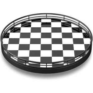 10.2-Inch Black & White Checkerboard Lazy Susan Organizer  Rotating Serving Tray with Oak Base, Iron Frame, & Ceramic Tile Perfect for Dining Table, Kitchen Cabinet, Bathroom Countertop, Home Dcor