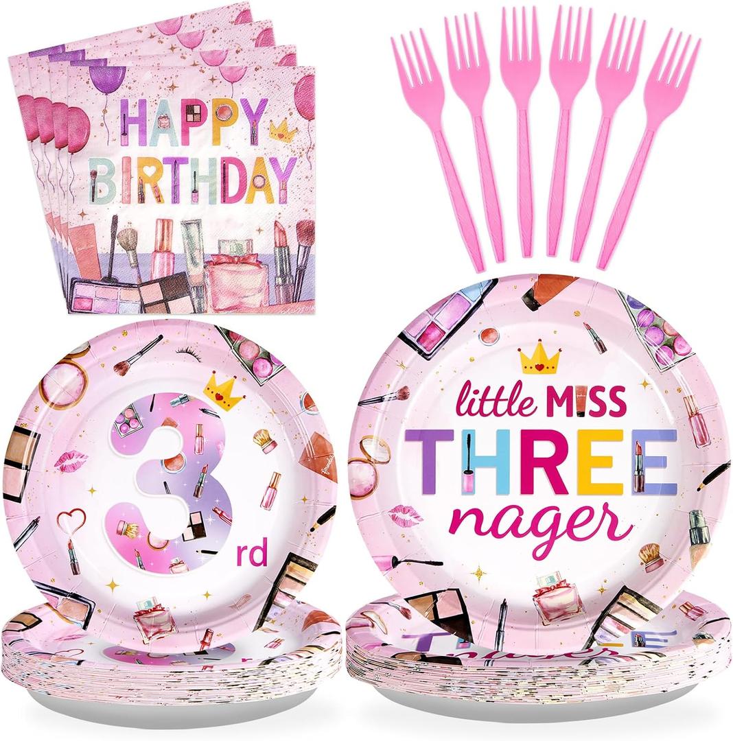 Grencian 96 Pcs Threenager Birthday Decorations Girl Makeup Spa 3rd Birthday Plates and Napkins Little Miss Threenager Birthday Decorations for 3 Year Old Girl Serves 24