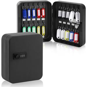 KYODOLED 20 Key Storage Lock Box with Code, Key Cabinet Organizer Wall Mount with Combination Lock, Hooks & Labels for Home, Office & Rental Properties, 7.87 x 6.3 x 3.14 in, Black