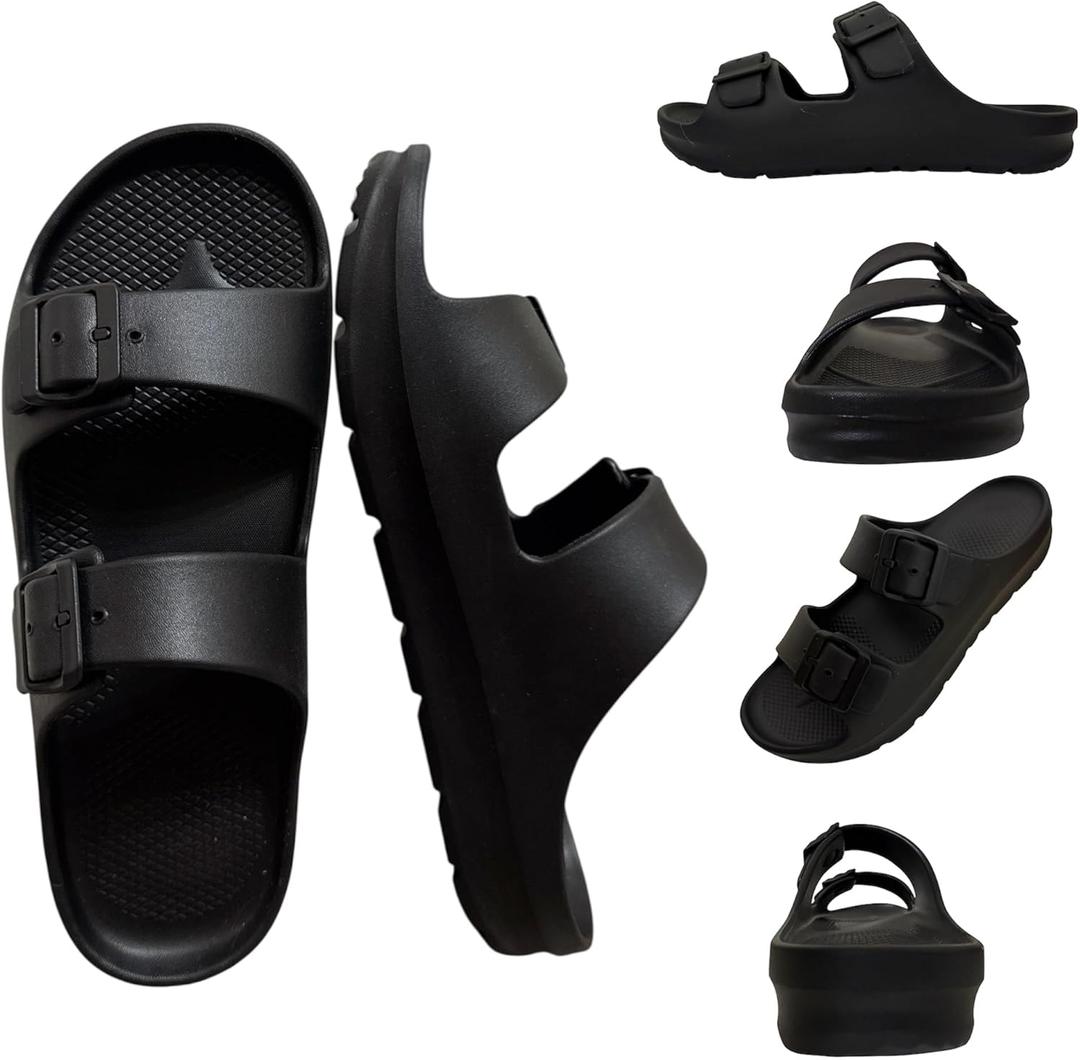 Trailvia Comfortable Footbed Sandals for Men & Women  Adjustable Buckle & Arch Support, Waterproof Summer Slides for Outdoor, Beach & Everyday Adventures (Black, M)