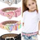 Newcotte 4 Pcs Girls Belt Kids Leather Waist Belt Rhinestone Heart Metal Buckle