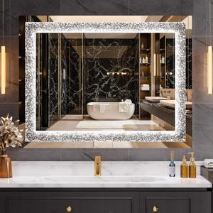 32" x 24" LED Diamond Wall Mirror with Dimming & Anti-Fog, Large Crystal Decorative Mirror for Bathroom, Bedroom, Living Room, Vertical or Horizontal Wall Mount