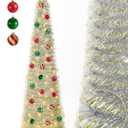 5 FT Pop Up Christmas Tree with Timer Lights and Decorations, Silver Tinsel Artificial Christmas Tree with 24 Balls Ornaments, Collapsible Pencil Tree for Xmas Home Office Party Decor (Silver - Gold Edges)
