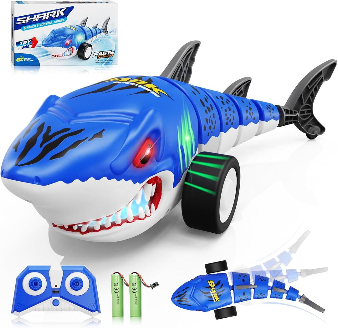 Remote Control Shark Toys, RC Shark Cars with Led Light, Rechargeable RC Robot Toy for Kids, 360 Rotating & Swinging Tail, Birthday Gifts for Girls Boys Age 3-5 5-7 8-10