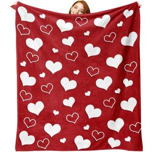 Valentines Day Flannel Throw Blanket, Red White Love Heart Anniversary Wedding Birthday Gifts for Women Girlfriend Wife Lover, Romantic Soft Blanket for Bedding Sofa 50" x 60"
