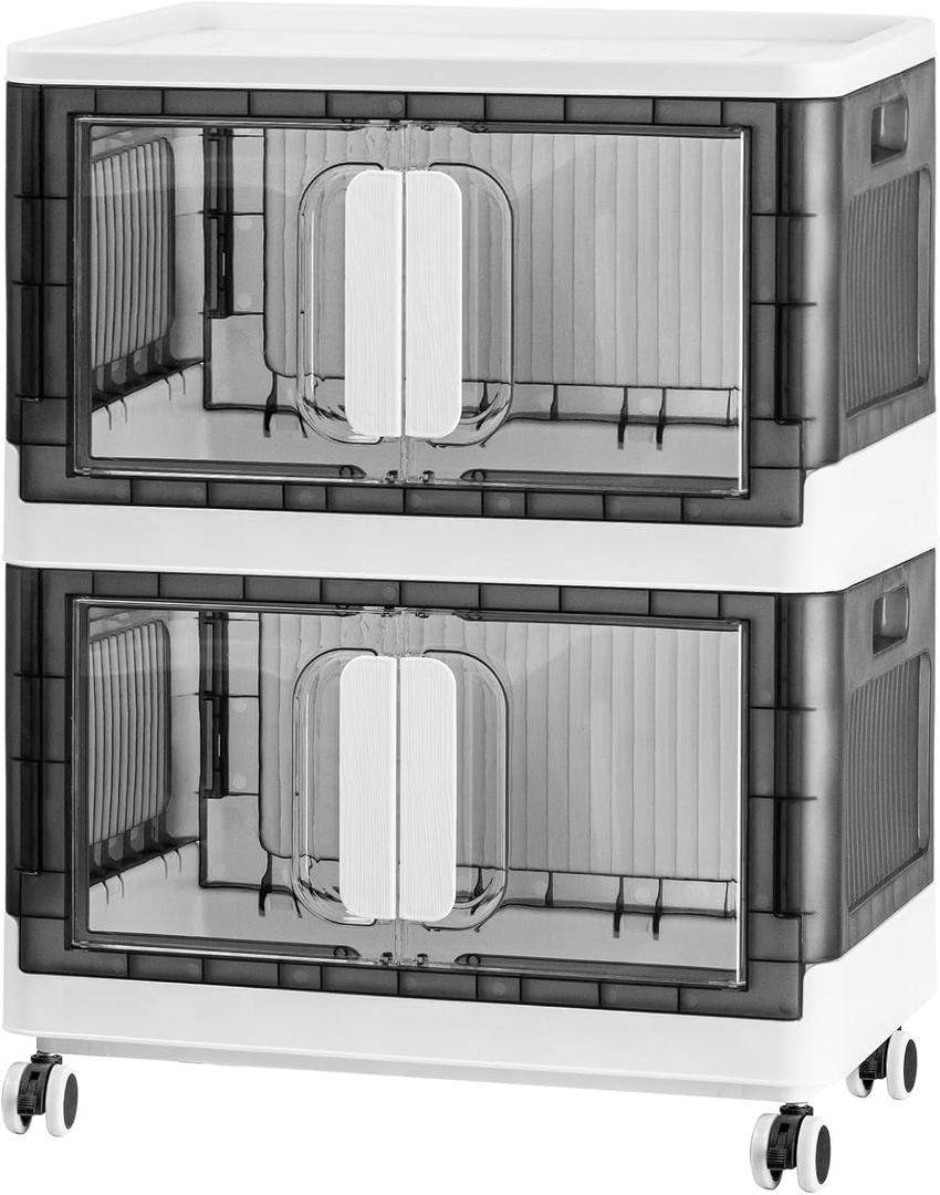Folding Storage Organizer with Silent casters | Stackable Design for Home & Office, Heavy-Duty Plastic Storage Bin with Clear Door, 3 Sizes (19.5/23.5/27.5in),Black/White (19.7" 2 layer, White)
