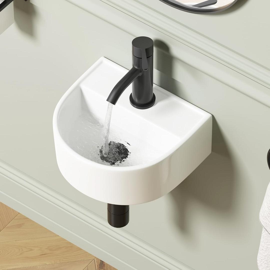 Wall Hung Bathroom Vessel Sink, QISHKA 12.5" X 11.5" Semi-Oval Floating Ceramic Wash Hand Basin White Wall Mount Vanity Sink for Small Bathroom and Small Cloakroom