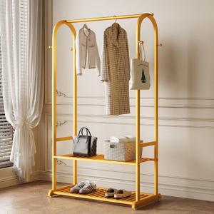 Gold Clothing Rack for Hanging Clothes,Sturdy metal clothes rack,Modern Garment Rack with Bottom Storage Shelves and 6 Side Hooks, Freestanding Wardrobe Rack for Bedroom or Closet, 31.5in