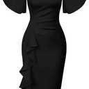 Memoriesea Women's Basic Vintage Ruffle Sleeve Ruched Bodycon Work Midi Pencil Dress (XX-Large, Black)