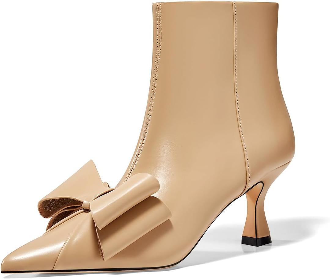 Coutgo Womens Low Kitten Heel Ankle Boots Rhinestone Bow Pointed Toe Side Zipper Dress Fall Booties Shoes (9, Khaki)
