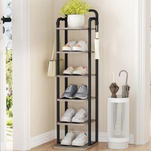6 Tiers Vertical Shoe Rack, Narrow Shoe Tower, Tall Shoes Shelf with 2 Hooks, Adjustable Shelves, Corner Shoes Shelves for Small Spaces, Entryway, Living Room, Greige, SR04205B (Greige and Black)
