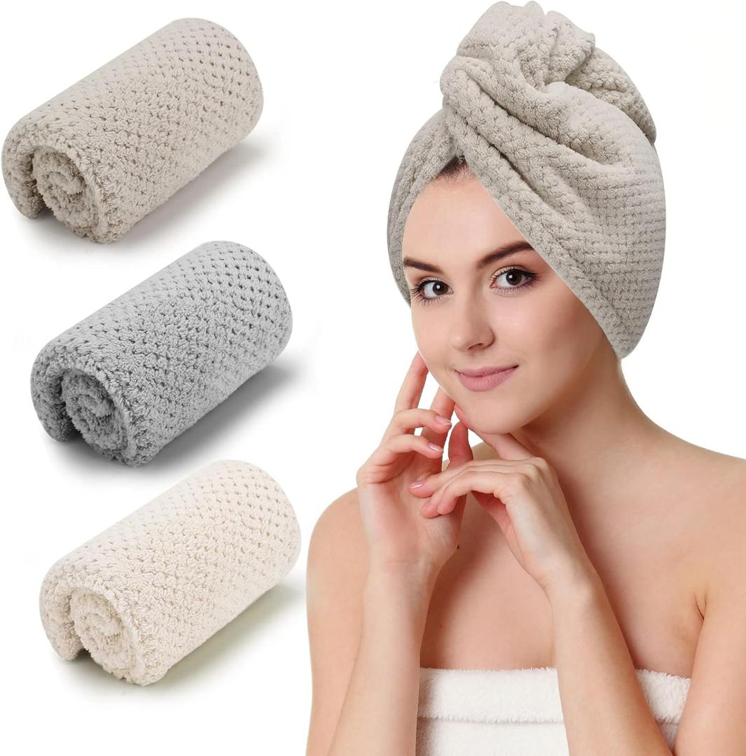 CZZXI 3 PCS Microfiber Hair Towel - Wraps for Wet Hair, Anti Frizz Turbans, for Curly Hair (Beige, Khaki, Grey)
