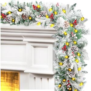 Christmas Garland 9 ft with Lights & Timer, Prelit Xmas Snowy Garland for Outdoor Christmas Decoration with Cypress Pine Cone Berries, Battery Operated Christmas Lights for Indoor, Party, Home Decor
