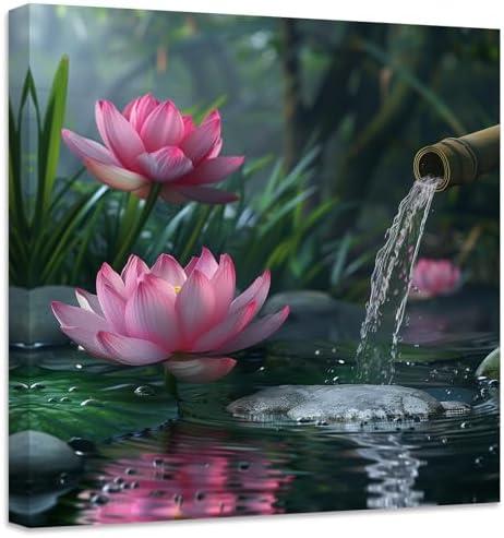 ZXHYWYM Zen Canvas Wall Art Lotus Flower Picture Prints Pink Water Lily Nature Spa Painting Spiritual Artwork for Meditation Room Decor Framed(Picture-2, (12.00" x 12.00"))