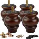 La Vane 3.5 inch / 9cm Wooden Furniture Legs, 4PCS Glaze Soild Wood Spindle Replacement Bun Feet with Pre-Drilled 5/16 Inch M8 Bolt & Mounting Plate & Screws for Couch Table Sofa Cabinet