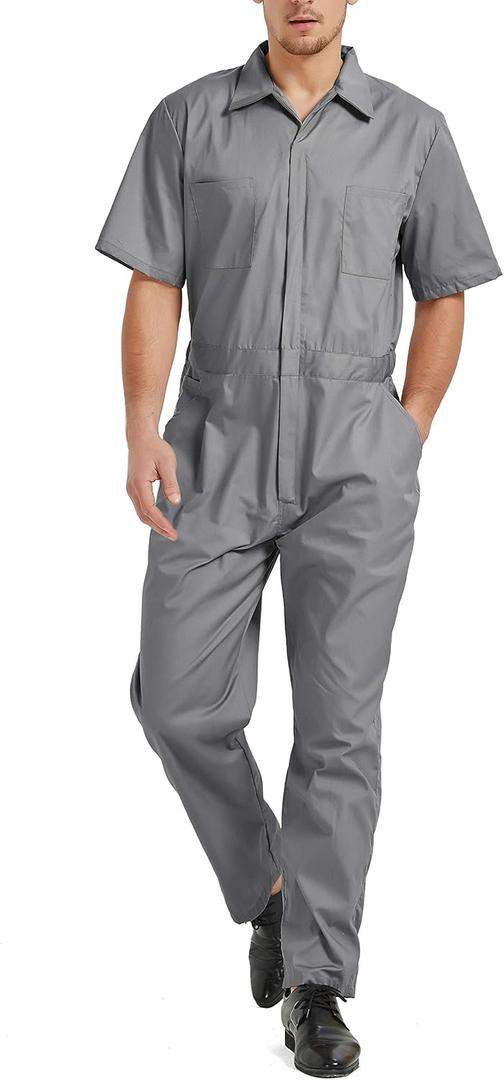 TopTie Men's Short-Sleeve Work Coverall Lightweight with Elastic Waist (X-Large, Gray)