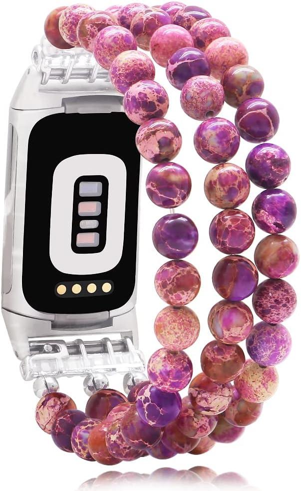 C&L Accessories Compatible with Fitbit Charge 6/5 Natural Gemstone Beaded Handmade Adjustable Bracelet Replacement Band for Women