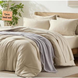 Homelike Moment Queen Comforter Set with Sheets, 7 Piece Beige Comforter Set Queen Size, Full Size Bed in a Bag Lightweight and Machine Washable