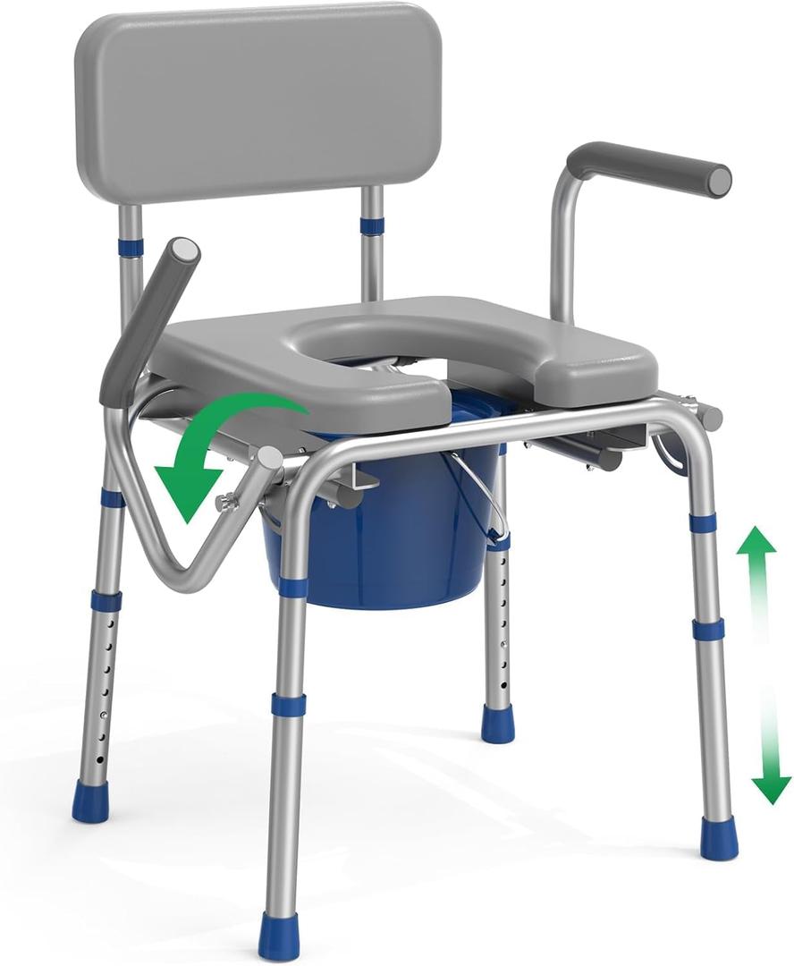 3-in-1 Drop Arm Bedside Commode Chair with Padded Seat and Backrest (Gray)