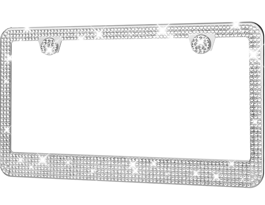 HOTOR License Plate Frame - Lastingly Bling and Sparkly License Plate Frame for Women, Stainless Steel & Obstruction-Free Frame with Multifaceted Rhinestones,White, 1 Pack
