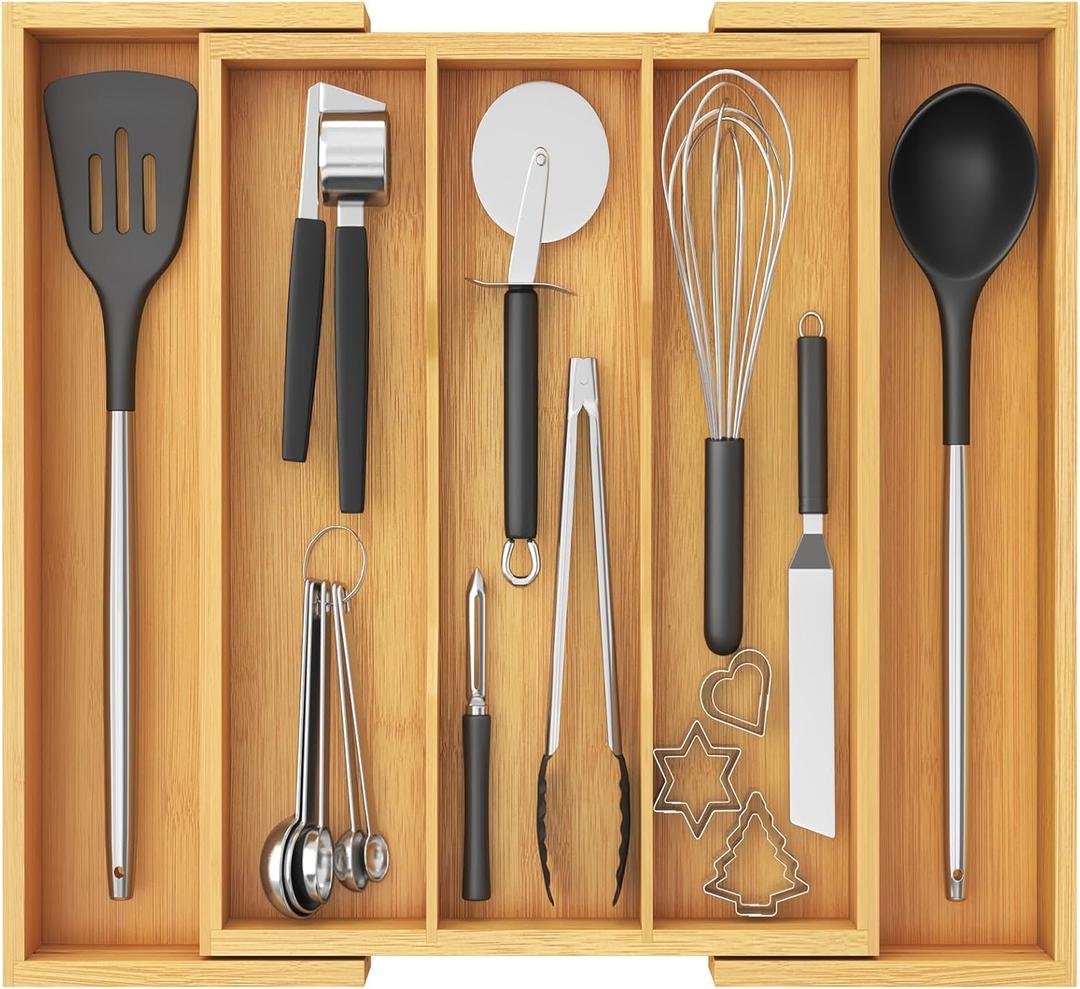 Lifewit Utensil Organizer for Kitchen Drawer, Expandable Cooking Utensil Tray, Bamboo Cutlery Silverware Flatware Holder, Adjustable Spatula Tools and Gadgets Storage Divider, Large, Natural (12.6~22.4''W x 15'' D)