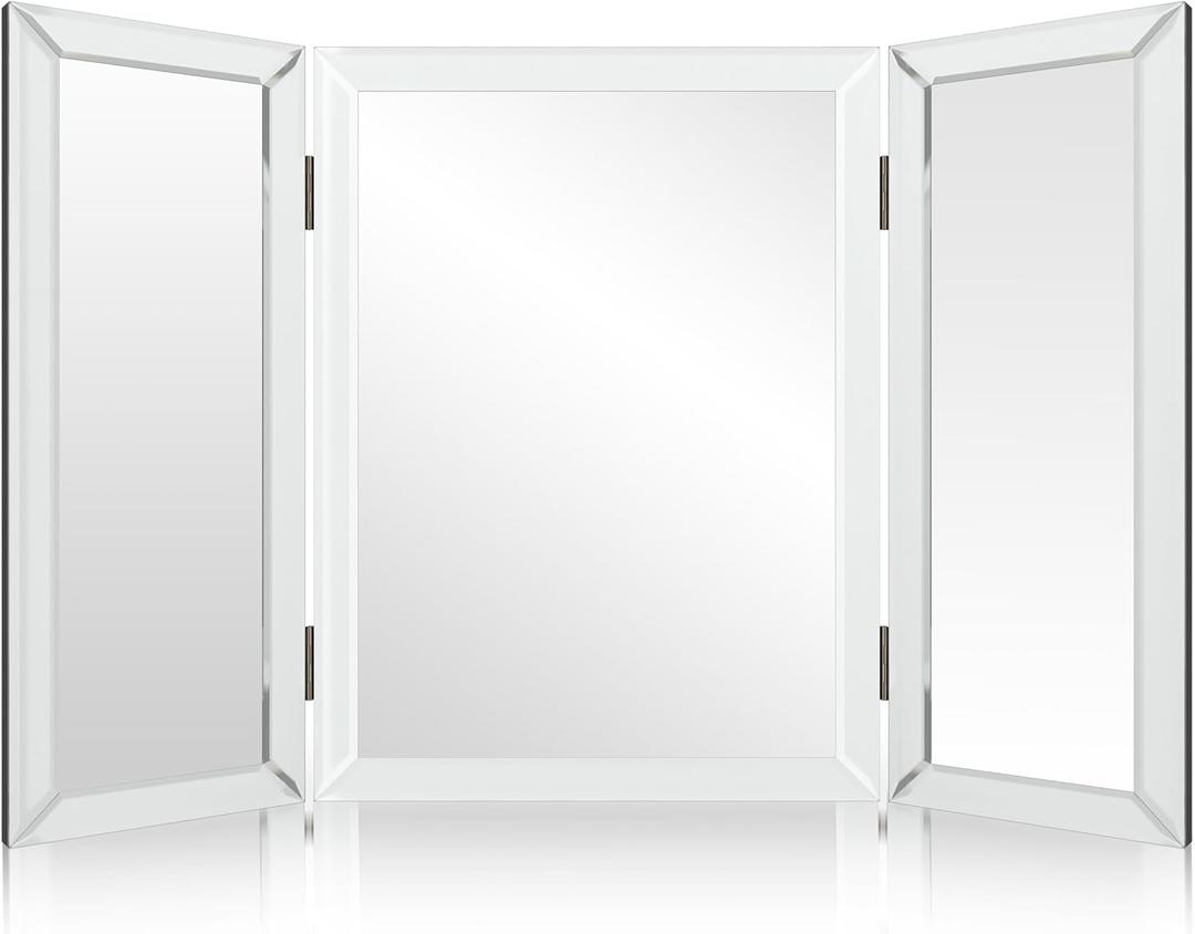 Houseables 3 Way Mirror, Trifold Mirror, Trifold Vanity, Three Way Folding, Tri Fold, For Braiding Hair, 3way, 3 Sided, Three Panel, Triple, Tabletop, Bathroom, Makeup, Self Haircut, 360, 21 x 31 Inch