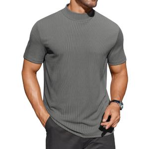 COOFANDY Mens Mock Turtleneck Shirts Short Sleeve Casual Basic T-Shirts Ribbed Solid Pullover Tops (Large, Dark Grey)