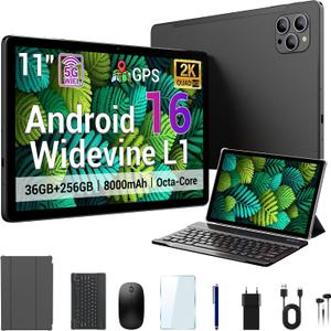 2026 11 Inch Android 16 Tablet Large Storage Tablet,256GB ROM 36GB RAM (1TB TF),2K IPS,(2000x1200) Widevine L1,T615 8-Core,8000mAh,8+13MP,5G/2.4G WiFi with Keyboard Case Stylus- Black, 10.95 inch