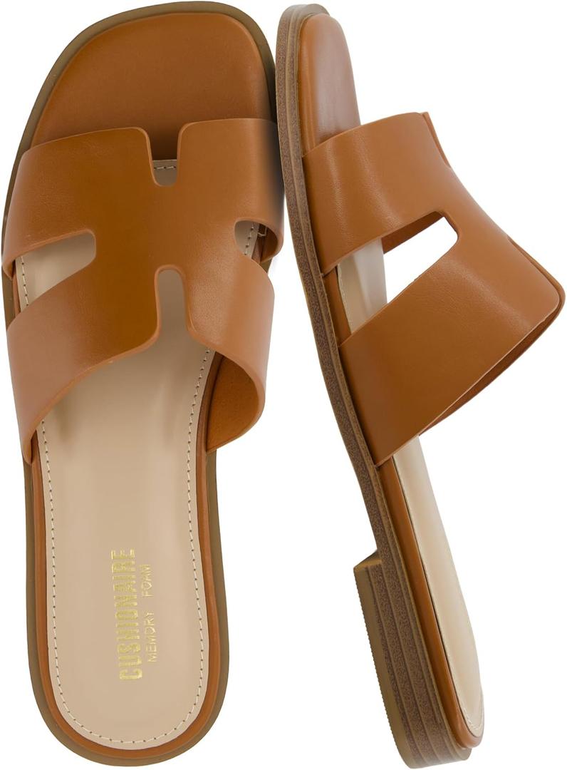 CUSHIONAIRE Voyage Cutout Strap Slides for Women, Slip On Summer Flats, Trendy Footwear, Memory Foam Vegan Leather Comfortable Vacation Style Sandals 11W