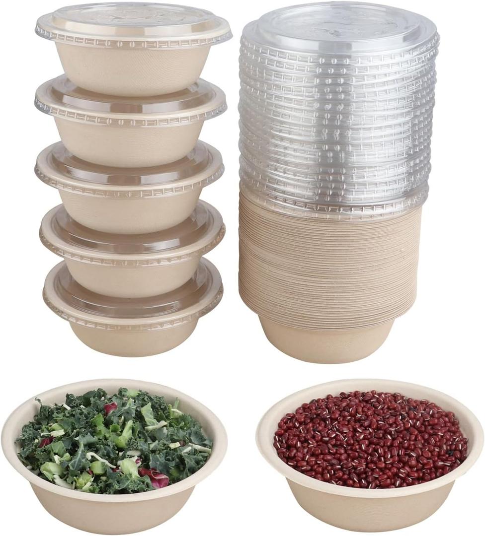 16 oz Round Disposable salad bowls with lids, Sugarcane Fiber Paper Bowls take away food containers Plant Fibers Freezer Safe 50 Pack
