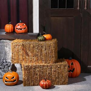 Suzile 2 Pcs Halloween Decorative Straw Bale, 24 x 12 x 12 Inches Foldable Hay Bales Decoration, Easy to Handle Reusable Fake Hay Stacks Waterproof for Indoor Outdoor Halloween Parties Photo Props