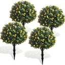 Yunlly 4 Pcs Artificial Boxwood Topiary Ball Tree 27 Inch Outdoor Boxwood Balls with Flower Faux Bush, UV Resistance Fake Shrub Plant with Spike for Garden Porch Patio Decor (Yellow)