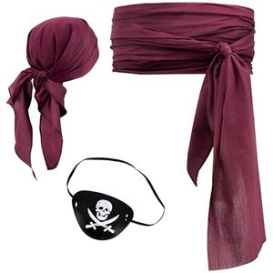 CosInStyle Pirate Halloween Costume, 3 Pcs Set with Head Scarf, Bandana Belt Waist Sash, Eye Patch for Halloween Costumes Cosplay (Dark-red)