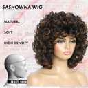 Short Curly Wig For Women Afro Wigs For Black Women Black Mixed Brown Color Big Curly Wig With Bangs Loose Curls Synthetic Wig Big Bouncy Fluffy Curls Wigs For African American Women Daily Wear