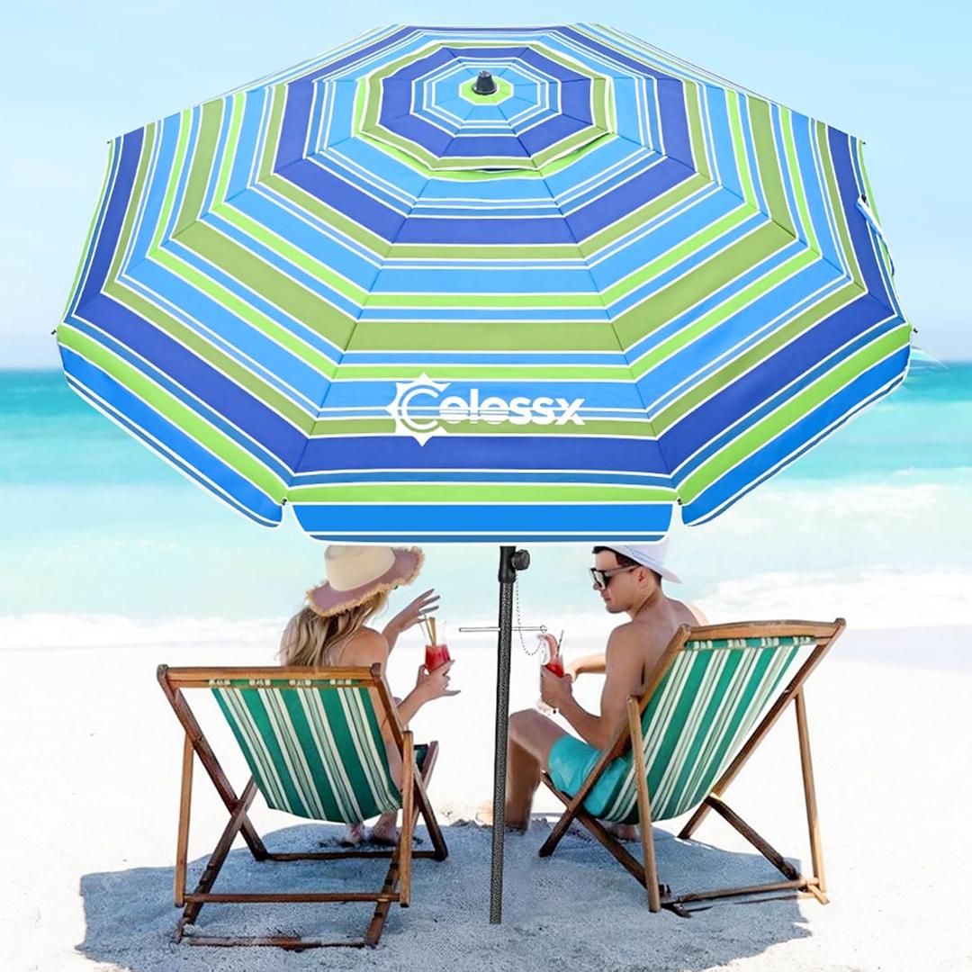 Beach Umbrella for Sand - Windproof Heavy Duty Iron Pole with Sand Anchor, UPF 50+ UV Protection & Tilt Mechanism, Portable Sun Shade Parasol, Carrying Bag for Beach Patio Garden Outdoor