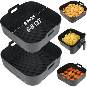 BYKITCHEN 9 Inch Square Silicone Air Fryer Liners for 6 to 8QT, Set of 2, Reusable Silicone Airfryer Tray Insert, Air Fryer Accessories for Corsori 6QT, Ninja Airfryer Pro XL 6.5QT, Gourmia & More