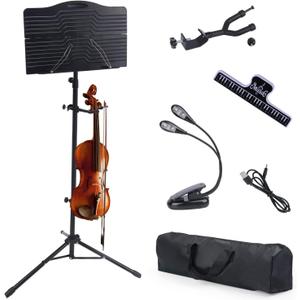 Klvied Portable Folding Sheet Music Stand with Violin Hanger, Black